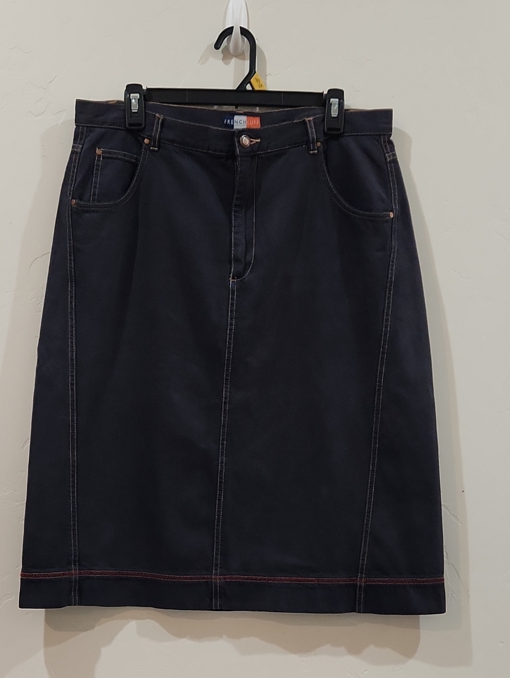 French Cuff Navy Denim Midi Skirt